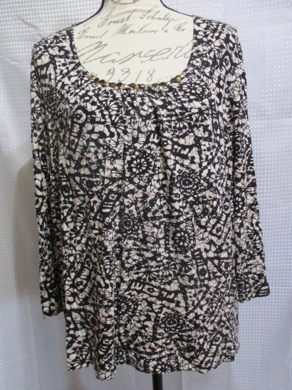 Ruby Rd. Multicolor Embellished Geometric Print Pull Over 3/4 Sleeve Top XL